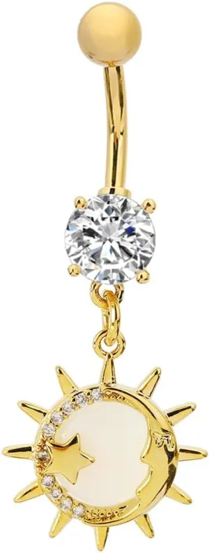 14G Moonstone Sun Star Dangle Belly Button Ring for Women Men Stainless Steel Crystal Bohemia Sunburst Charm Navel Rings Curved Barbell Cubic Zirconia Boho Sunshine Summer Beach Body Piercing Jewelry