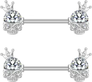 14G Skull Nipple Rings for Women Surgical Steel Clear Diamond Crown Nipple Studs Straight Bar Barbell Nipplerings Body Piercing Jewelry