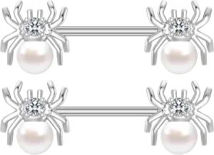 14G White Spider Nipple Rings for Women Surgical Stainless Steel Pearl CZ Spiders Nipplerings Nipple Shield Studs Barbells Halloween Body Piercing Jewelry