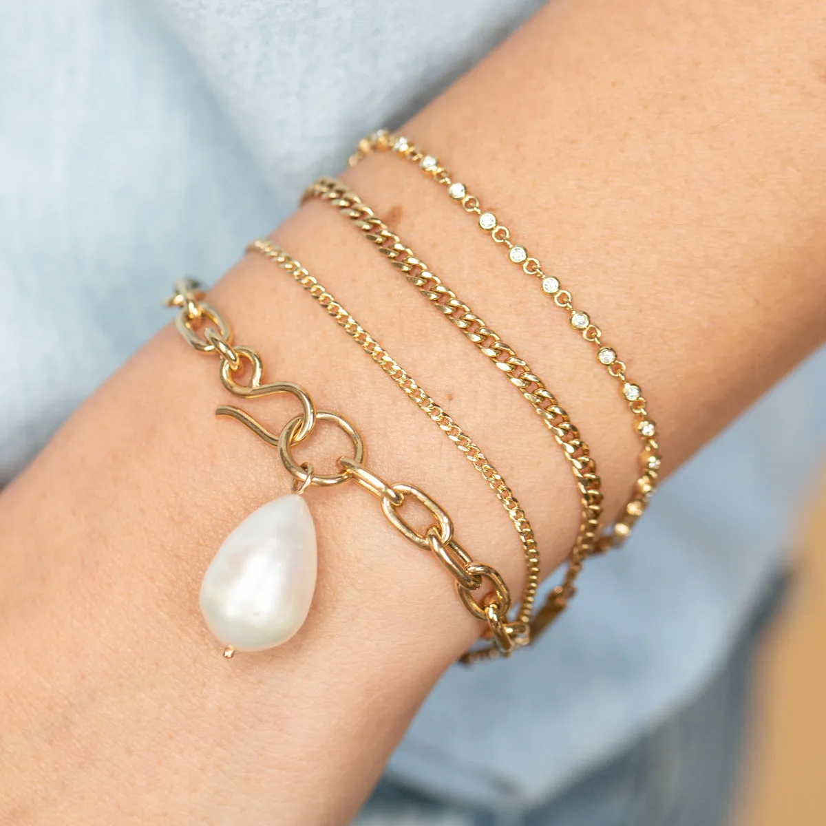 14k Baroque Pearl Charm XL Square Oval Link Hook Bracelet