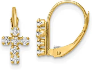 14k Gold CZ Simulated Diamond Polished Leverback Religious Faith Cross Earrings 13x6.7mm Wide Stud Earring for Women