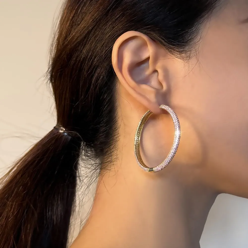 14K Gold Earrings, Diamond Hoop Earrings, Chunky Gold Earrings, Gold Infinity Hoop Earrings, Gold Hoop Earrings with Diamond, Pink Jewelry, Diamond Hoop Earrings, 1 inch | 2 inch