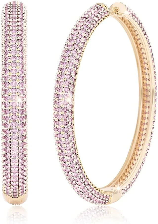 14K Gold Earrings, Diamond Hoop Earrings, Chunky Gold Earrings, Gold Infinity Hoop Earrings, Gold Hoop Earrings with Diamond, Pink Jewelry, Diamond Hoop Earrings, 1 inch | 2 inch