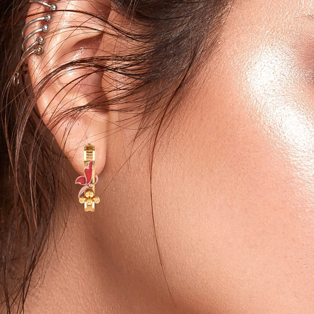 14k Gold Earrings With Yellow Gold Butterfly On A Flower Design
