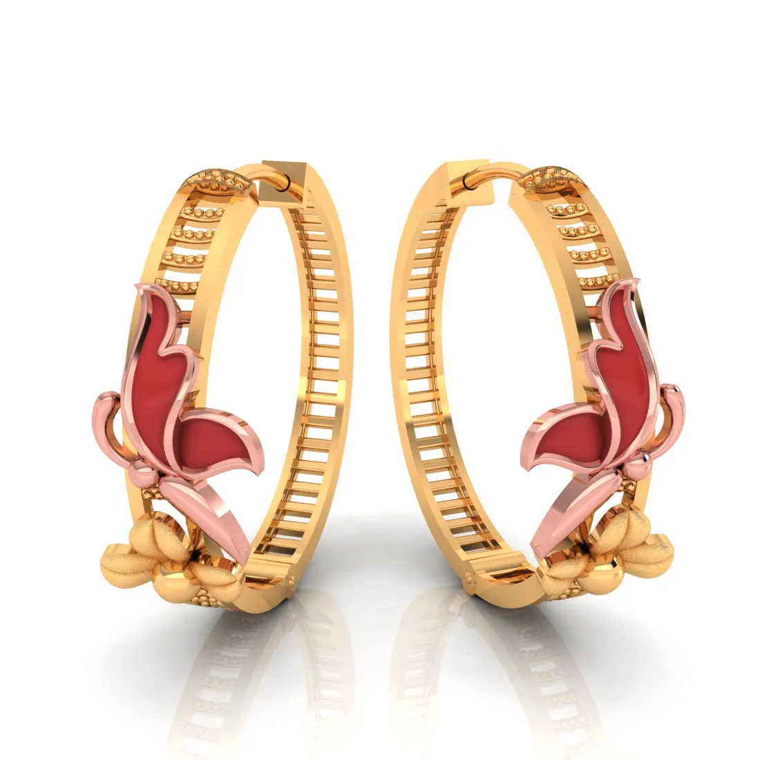 14k Gold Earrings With Yellow Gold Butterfly On A Flower Design