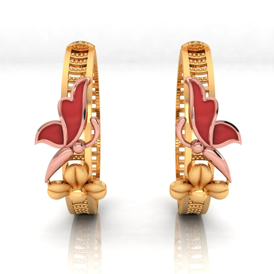 14k Gold Earrings With Yellow Gold Butterfly On A Flower Design