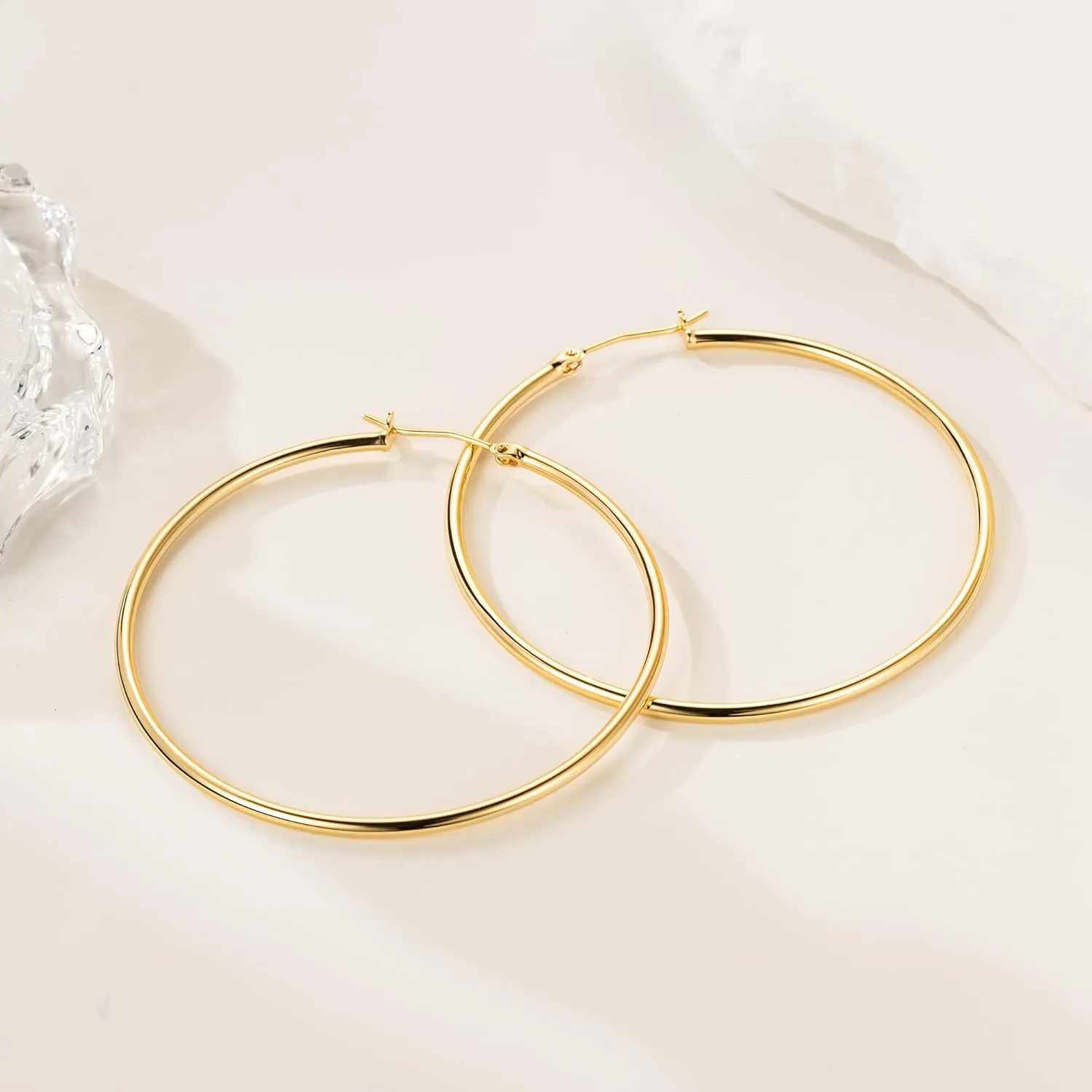 14K Gold Hoop Earrings for Women 14K Gold Earrings Classic Shiny Polished Round Big Hoop Earring for Women Hypoallergenic Womens Earring Hoops 15/20/25/35/45/55mm