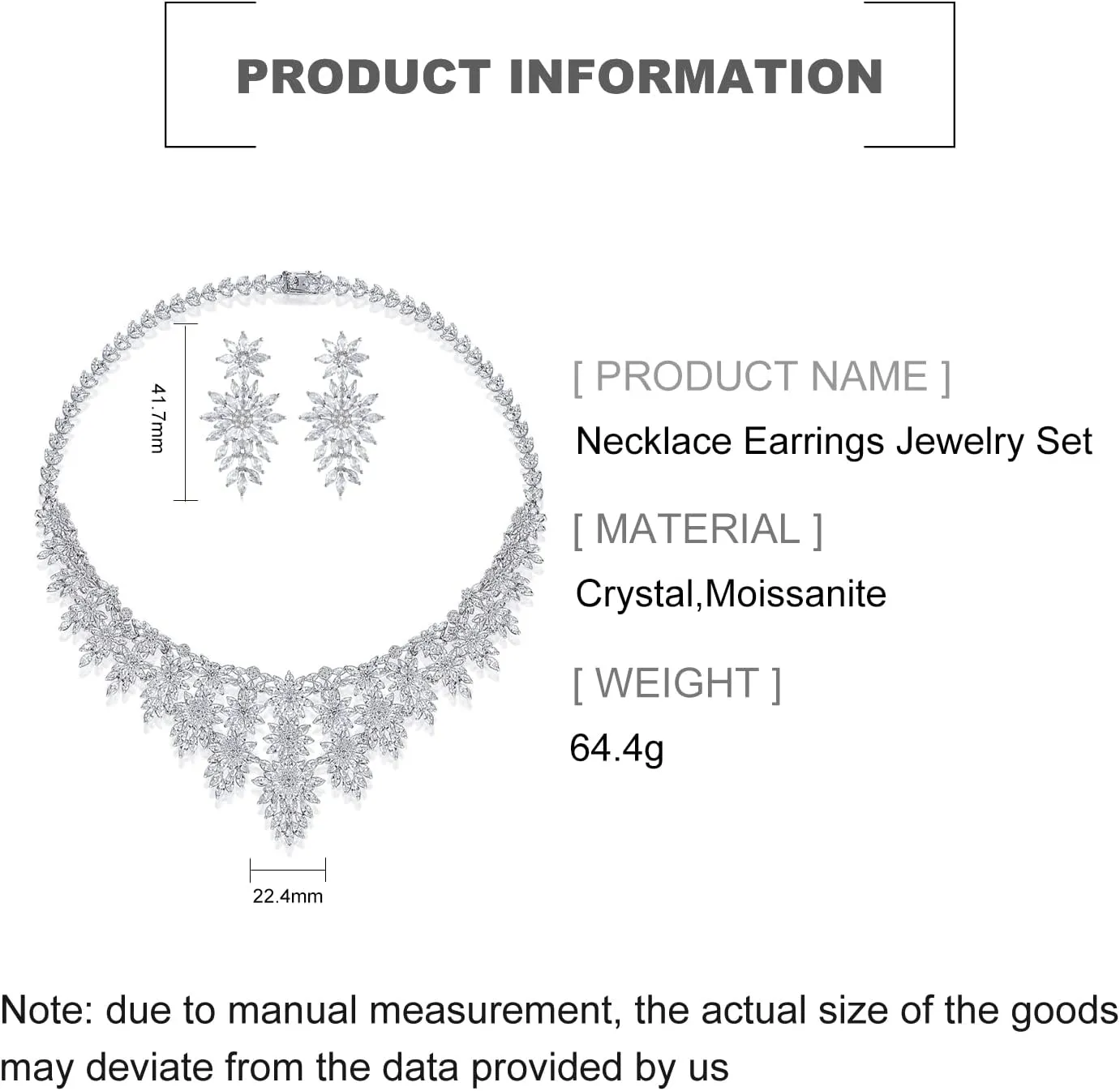 14K Gold Moissanite Women's Jewelry Set, Natural Crystal Necklace & Earrings, Luxurious Bridal/Wedding Fashion Accessory