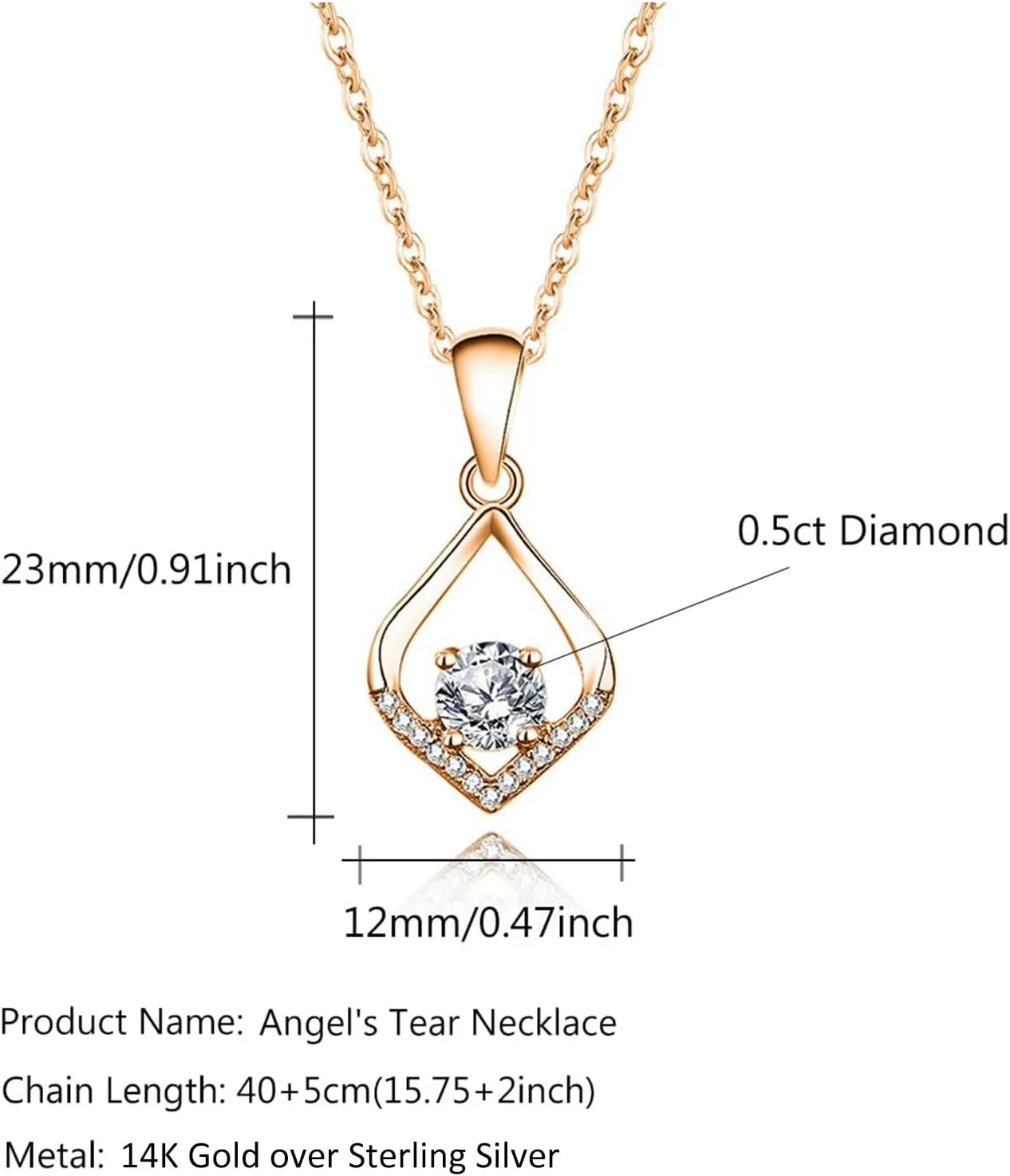 14K Gold Over Sterling Silver Angel's Tear Drop Diamond Necklace for Women, 0.5ct D-Color VVS1, Luxurious Daily-Wear Jewelry