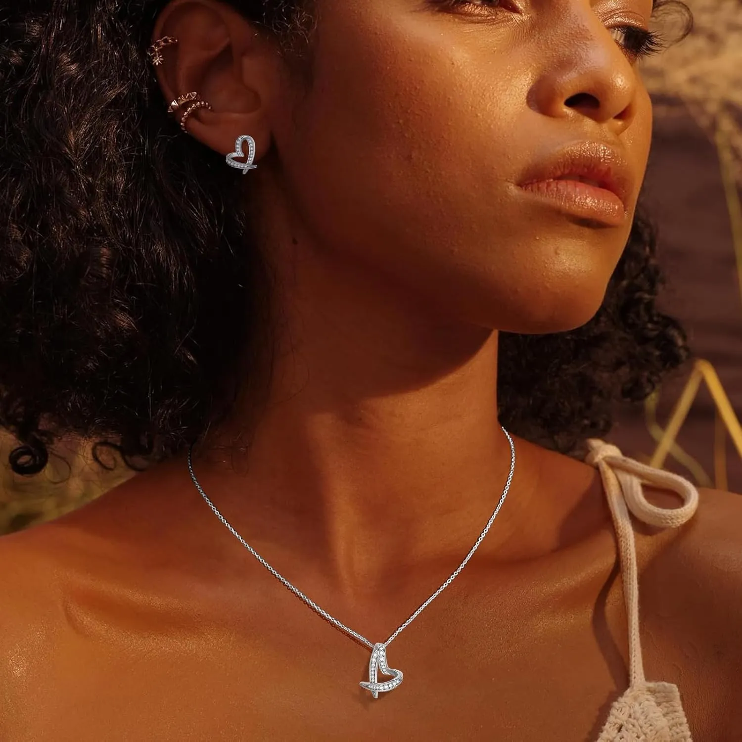 14K Gold Plated | 14K Platinum Plated Necklace for Women Necklace Earrings Set with Sparkling Zircon Inlay and Silver Post Earrings