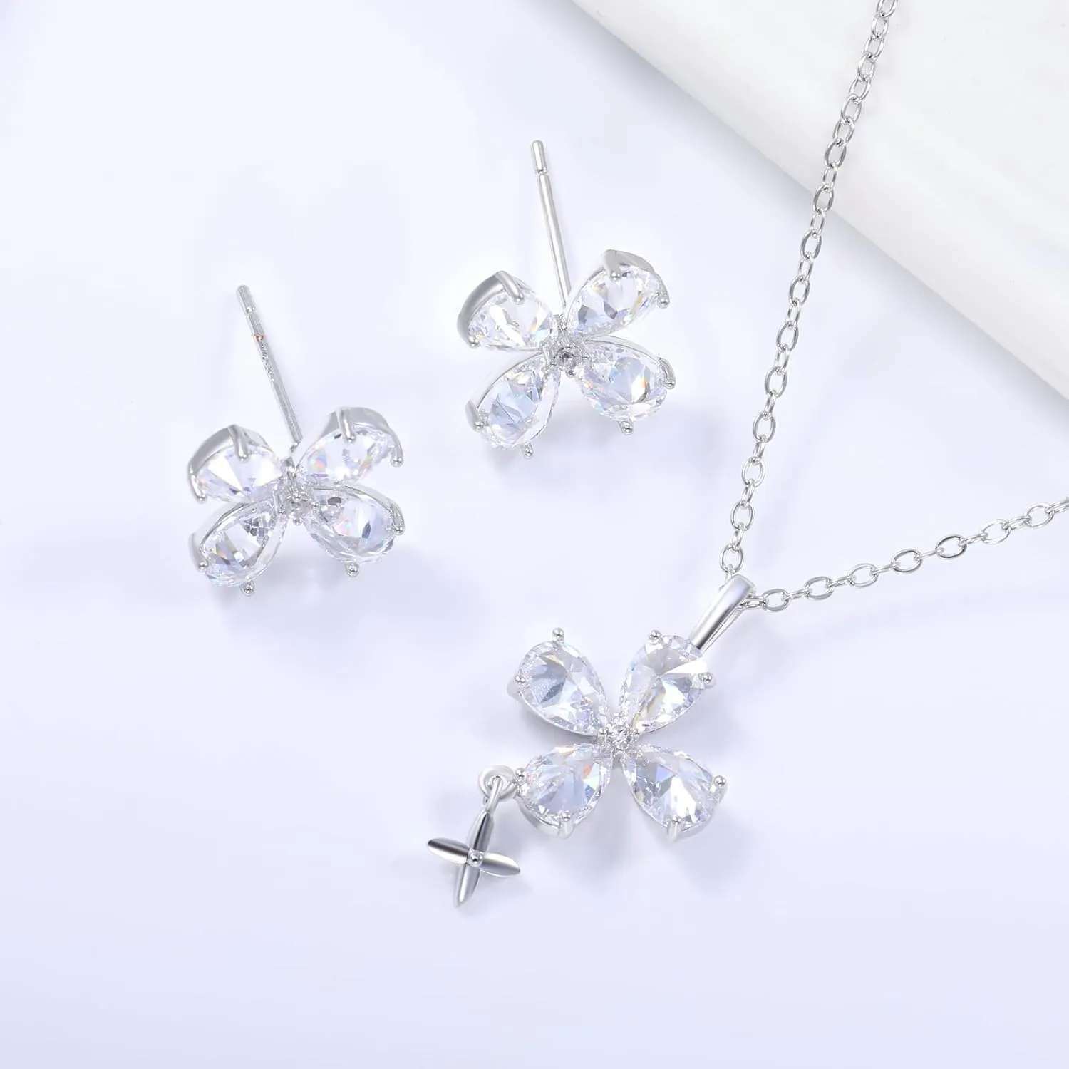 14K Gold Plated | 14K Platinum Plated Necklace for Women Necklace Earrings Set with Sparkling Zircon Inlay and Silver Post Earrings