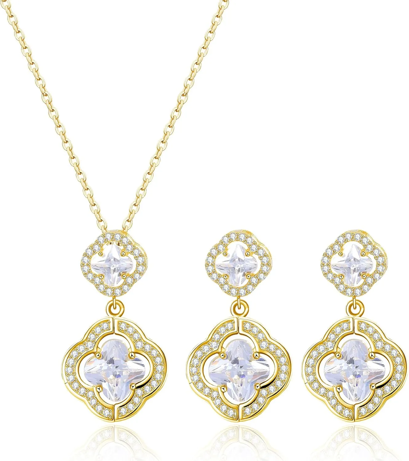 14K Gold Plated | 14K Platinum Plated Necklace for Women Necklace Earrings Set with Sparkling Zircon Inlay and Silver Post Earrings