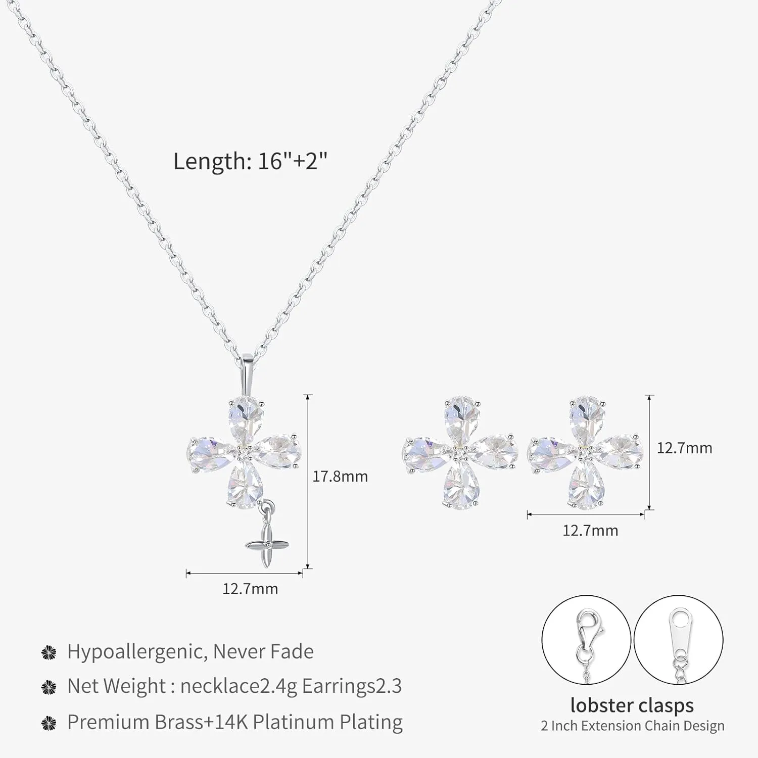 14K Gold Plated | 14K Platinum Plated Necklace for Women Necklace Earrings Set with Sparkling Zircon Inlay and Silver Post Earrings