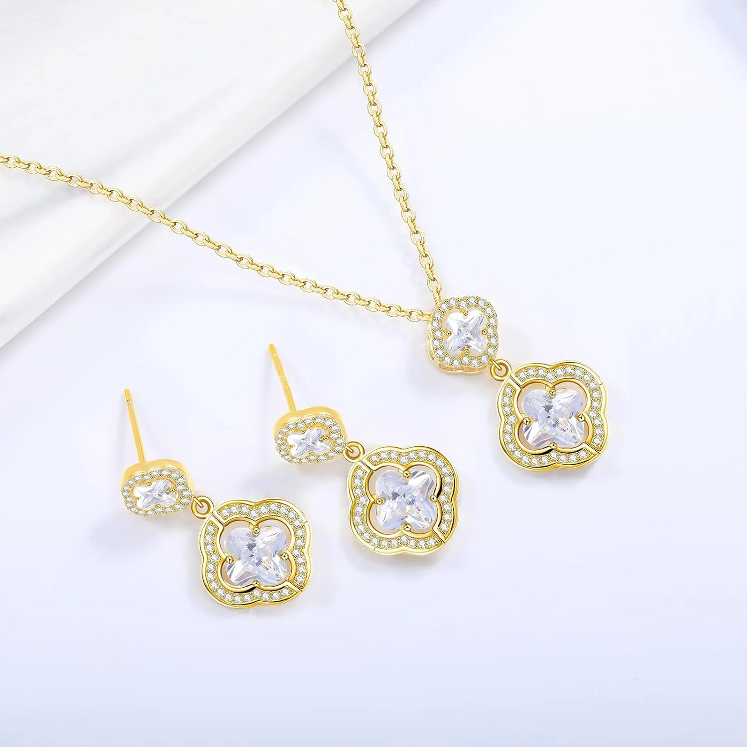 14K Gold Plated | 14K Platinum Plated Necklace for Women Necklace Earrings Set with Sparkling Zircon Inlay and Silver Post Earrings