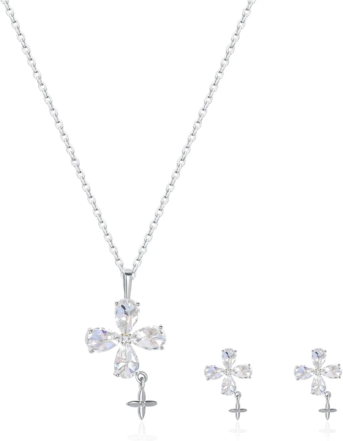 14K Gold Plated | 14K Platinum Plated Necklace for Women Necklace Earrings Set with Sparkling Zircon Inlay and Silver Post Earrings