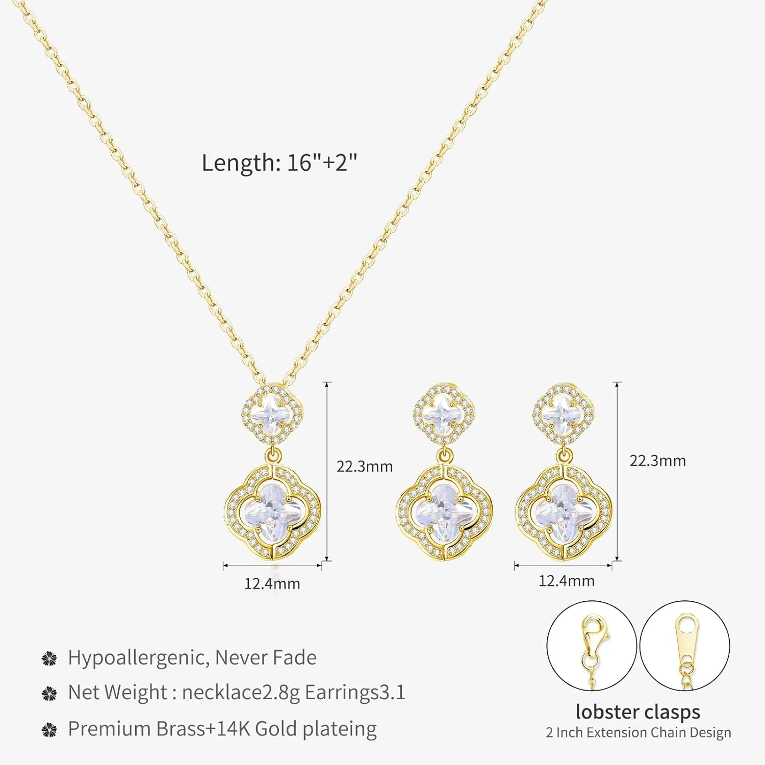 14K Gold Plated | 14K Platinum Plated Necklace for Women Necklace Earrings Set with Sparkling Zircon Inlay and Silver Post Earrings