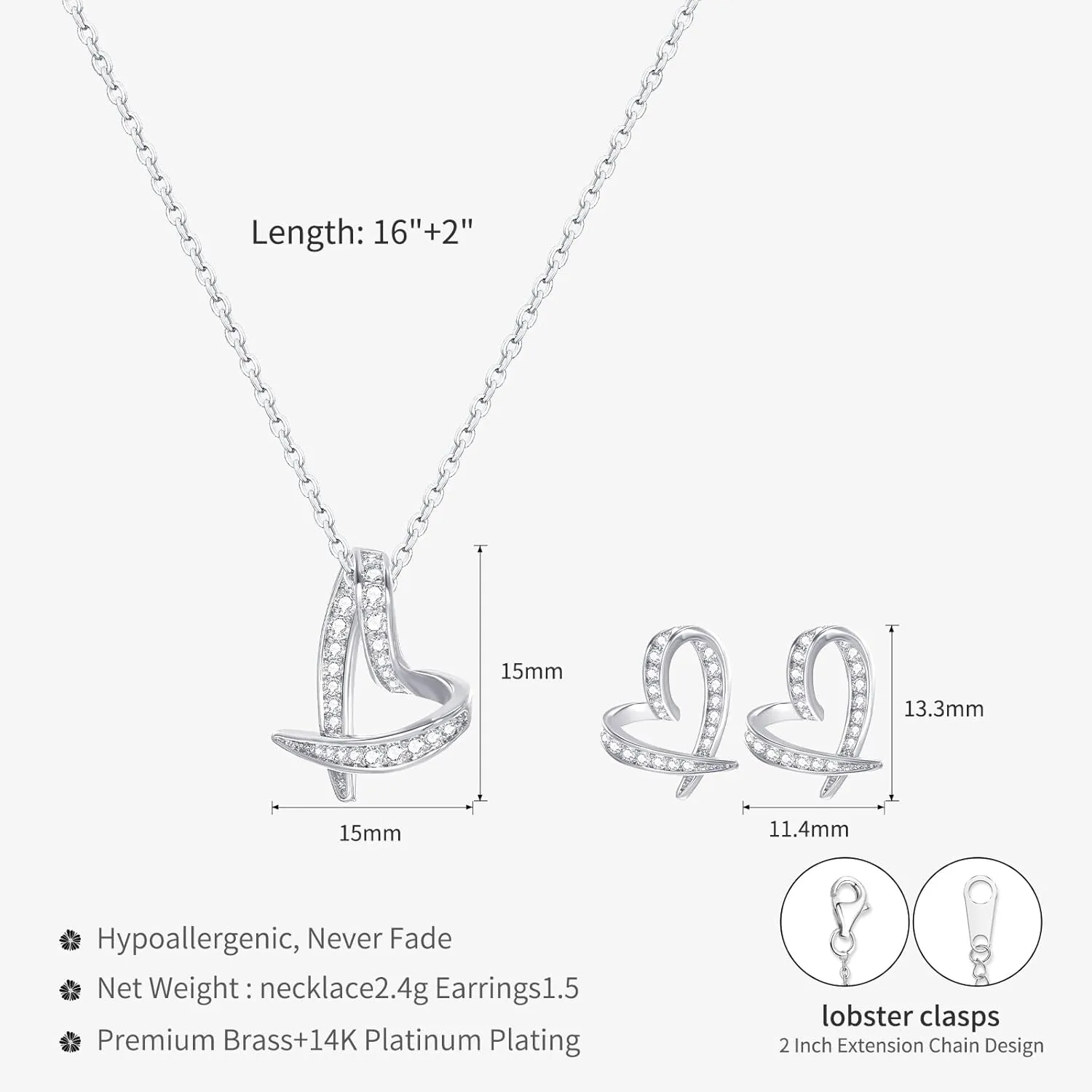 14K Gold Plated | 14K Platinum Plated Necklace for Women Necklace Earrings Set with Sparkling Zircon Inlay and Silver Post Earrings