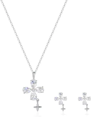 14K Gold Plated | 14K Platinum Plated Necklace for Women Necklace Earrings Set with Sparkling Zircon Inlay and Silver Post Earrings