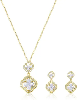 14K Gold Plated | 14K Platinum Plated Necklace for Women Necklace Earrings Set with Sparkling Zircon Inlay and Silver Post Earrings