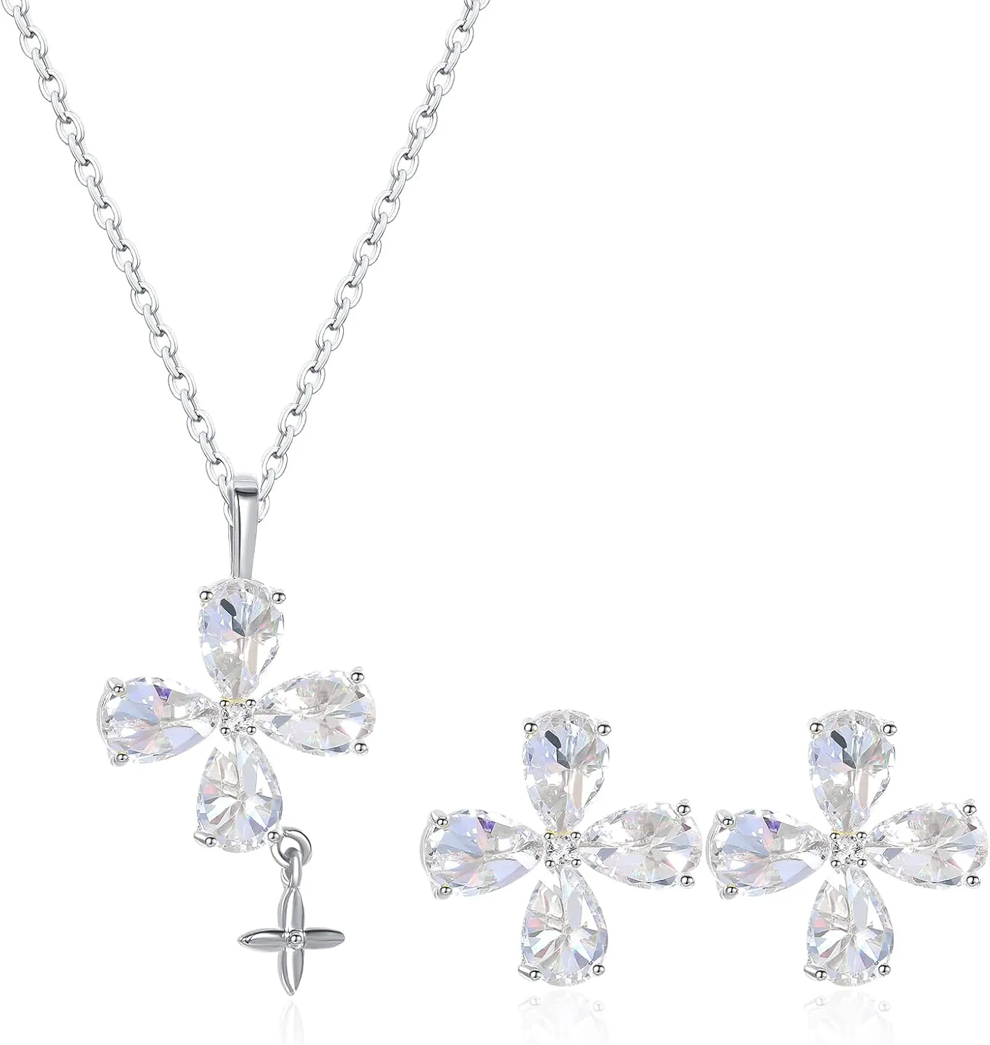 14K Gold Plated | 14K Platinum Plated Necklace for Women Necklace Earrings Set with Sparkling Zircon Inlay and Silver Post Earrings