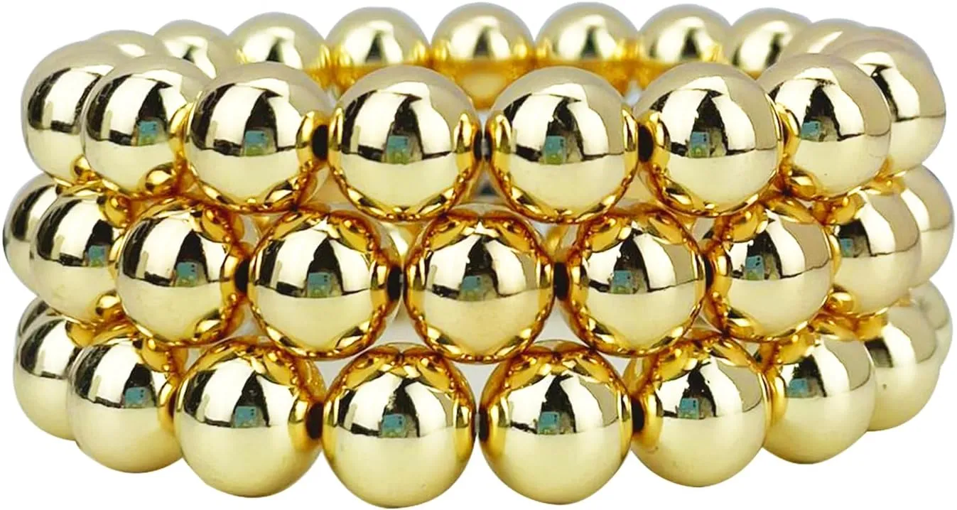 14K Gold Plated Beaded Bracelets Letter Stretch Dainty Stackable Bracelet for Women