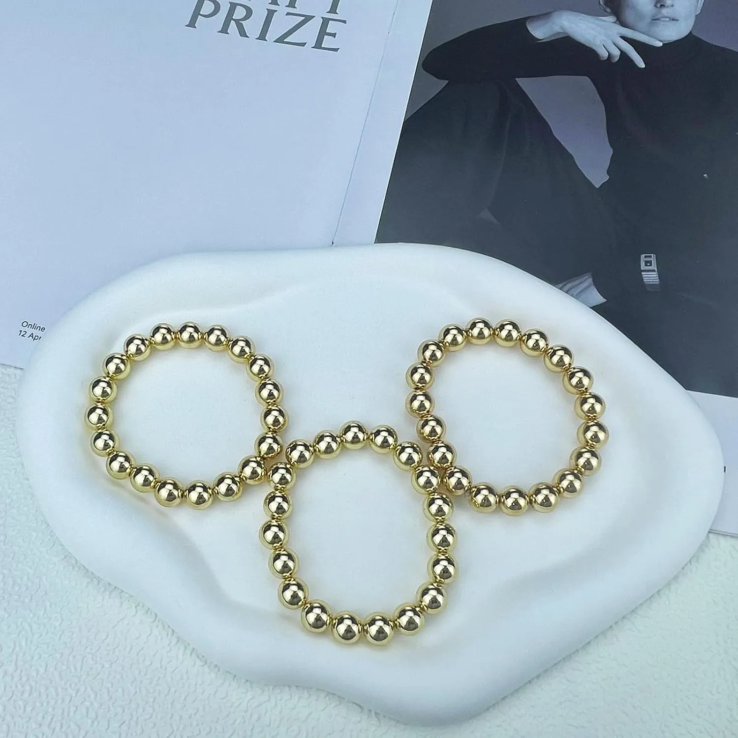 14K Gold Plated Beaded Bracelets Letter Stretch Dainty Stackable Bracelet for Women