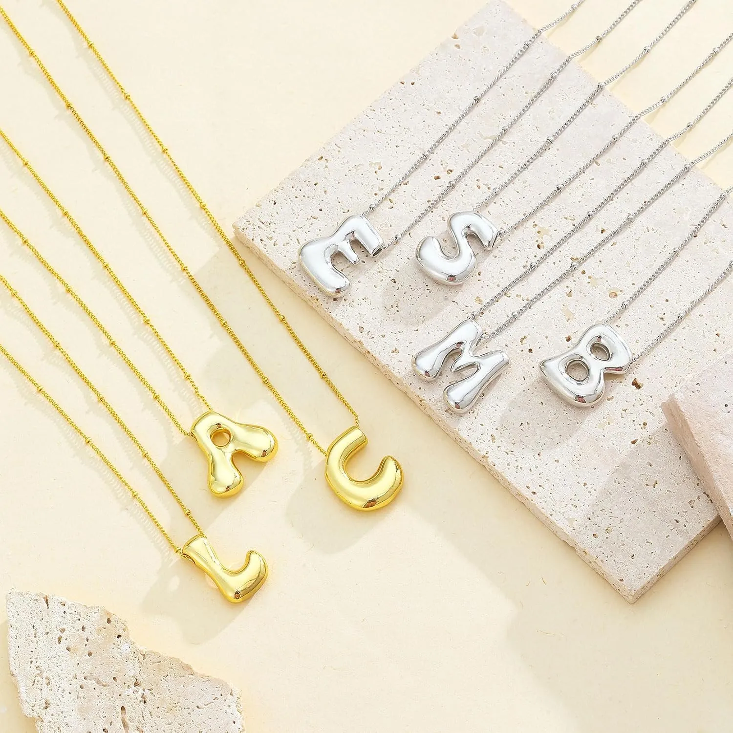 14K Gold Plated Bubble Letter Necklace 3D Initial Pendant with Beaded Chain Personalized Name Jewelry for Women
