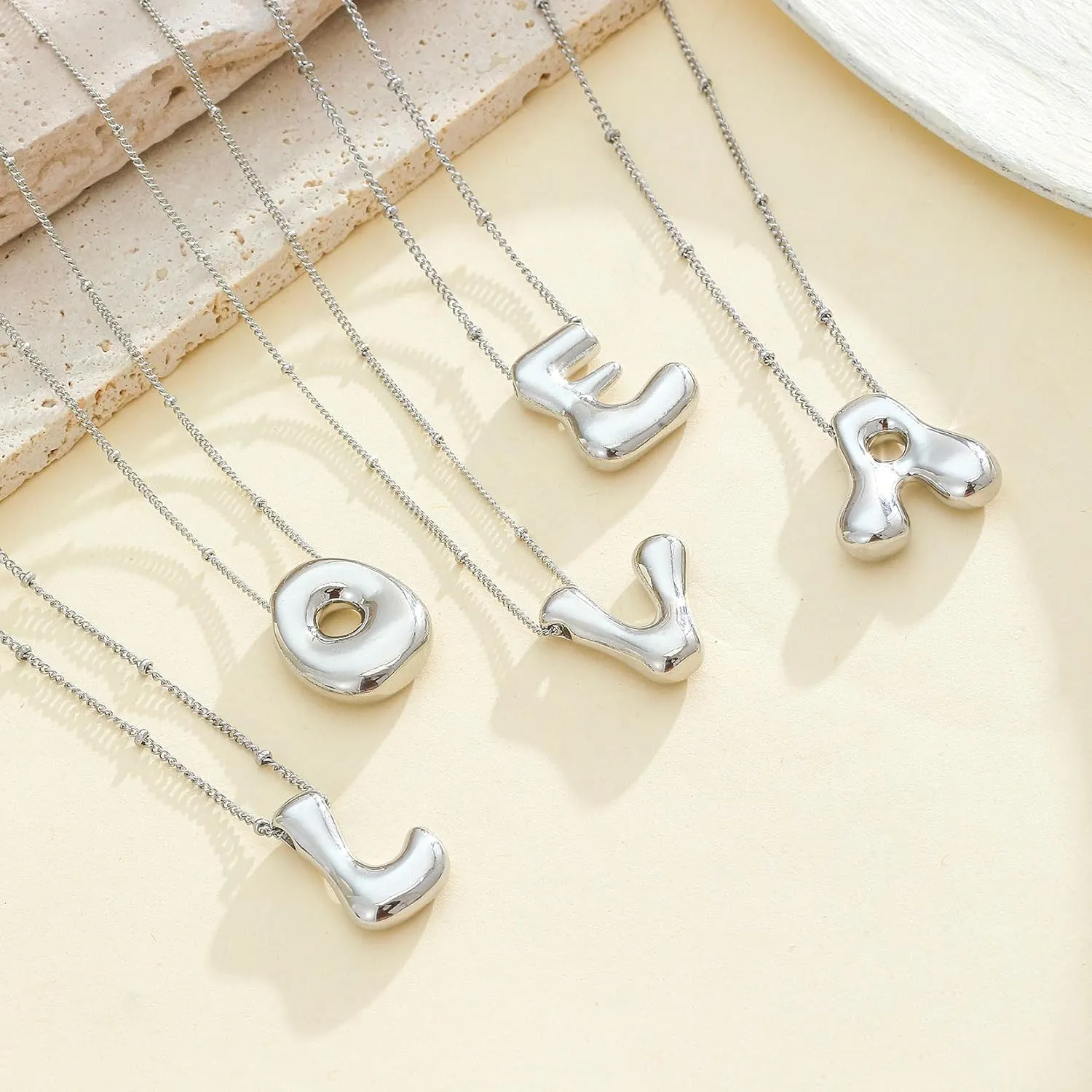 14K Gold Plated Bubble Letter Necklace 3D Initial Pendant with Beaded Chain Personalized Name Jewelry for Women