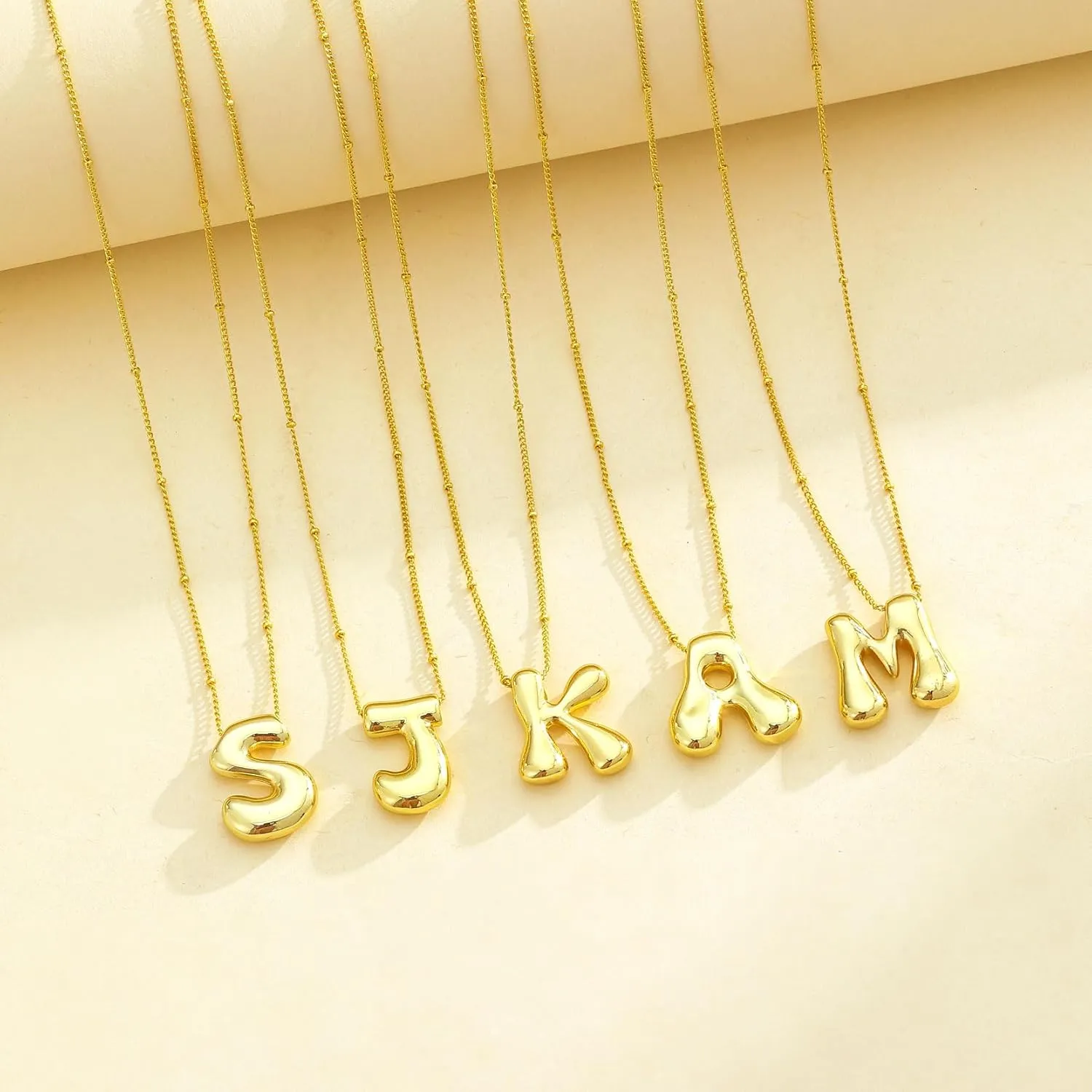 14K Gold Plated Bubble Letter Necklace 3D Initial Pendant with Beaded Chain Personalized Name Jewelry for Women