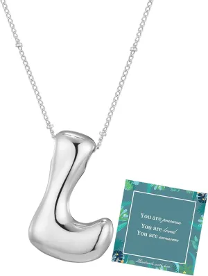 14K Gold Plated Bubble Letter Necklace 3D Initial Pendant with Beaded Chain Personalized Name Jewelry for Women