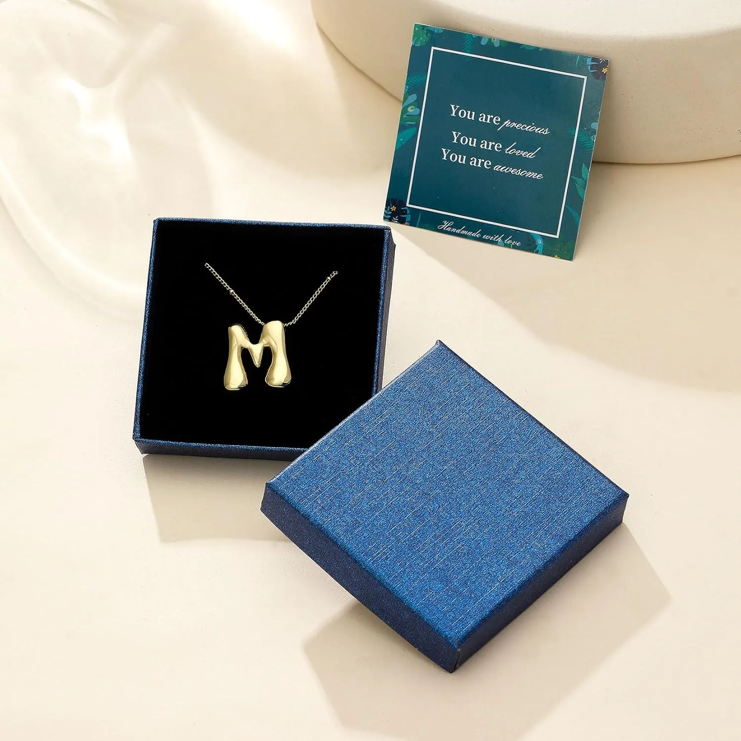 14K Gold Plated Bubble Letter Necklace 3D Initial Pendant with Beaded Chain Personalized Name Jewelry for Women
