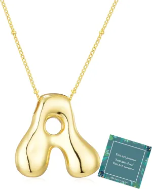 14K Gold Plated Bubble Letter Necklace 3D Initial Pendant with Beaded Chain Personalized Name Jewelry for Women
