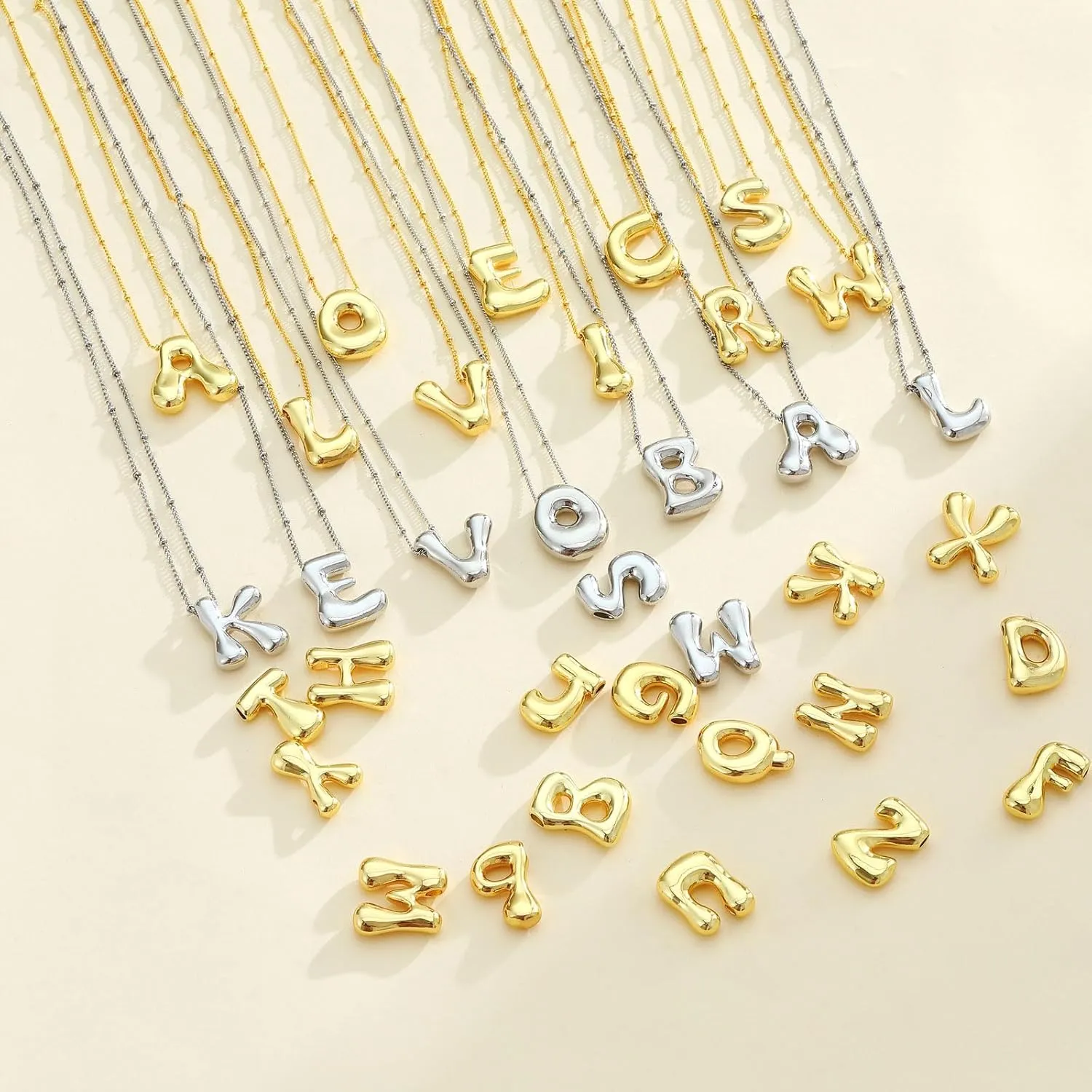14K Gold Plated Bubble Letter Necklace 3D Initial Pendant with Beaded Chain Personalized Name Jewelry for Women