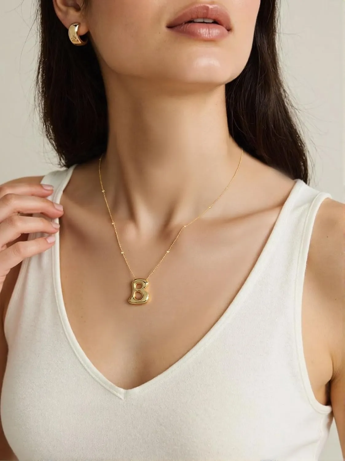 14K Gold Plated Bubble Letter Necklace 3D Initial Pendant with Beaded Chain Personalized Name Jewelry for Women