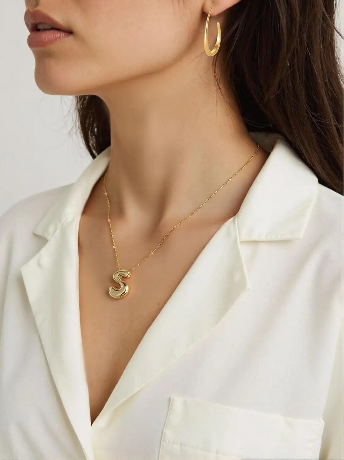 14K Gold Plated Bubble Letter Necklace 3D Initial Pendant with Beaded Chain Personalized Name Jewelry for Women