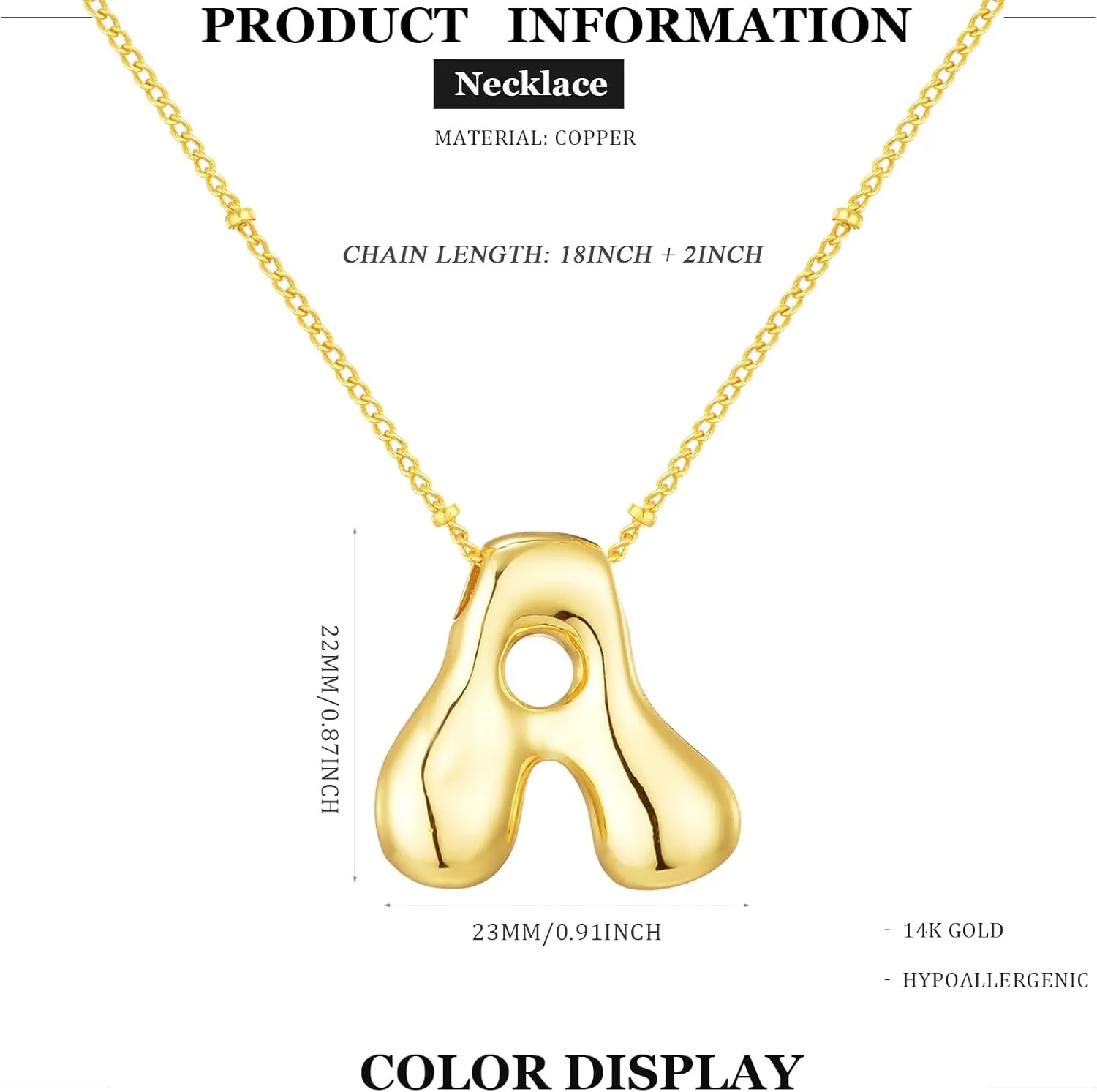 14K Gold Plated Bubble Letter Necklace 3D Initial Pendant with Beaded Chain Personalized Name Jewelry for Women