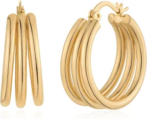 14K Gold Plated Hoop Earrings for Women Trendy Hypoallergenic Polished Triple Split Loop Huggie Earrings Jewelry Gifts