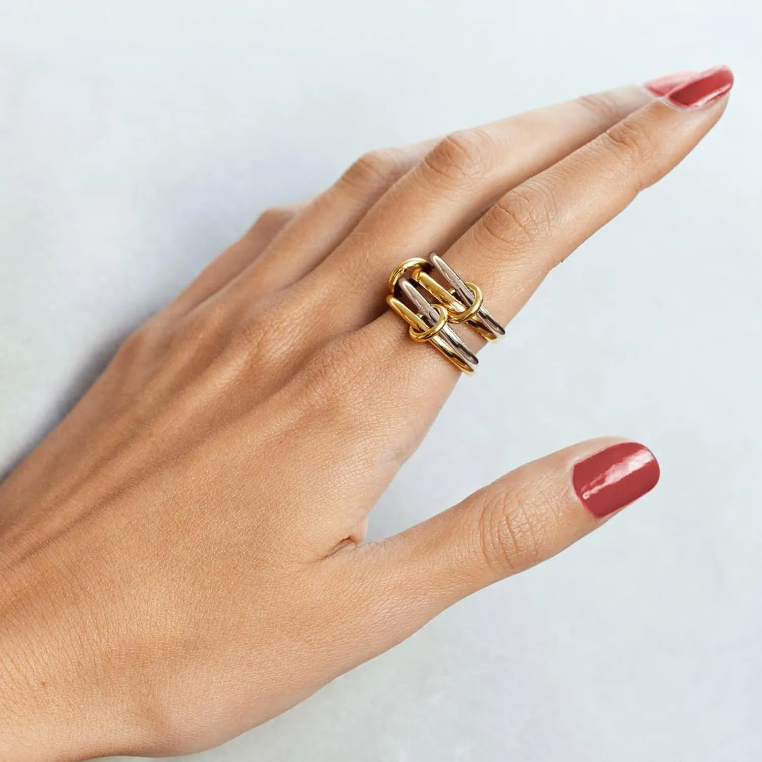 14K Gold Plated Interlocked Stackable Rings for Women, Statement Multi Ring Mixed Metals Stack, Two-Toned interlocking rings Stacking Jewelry