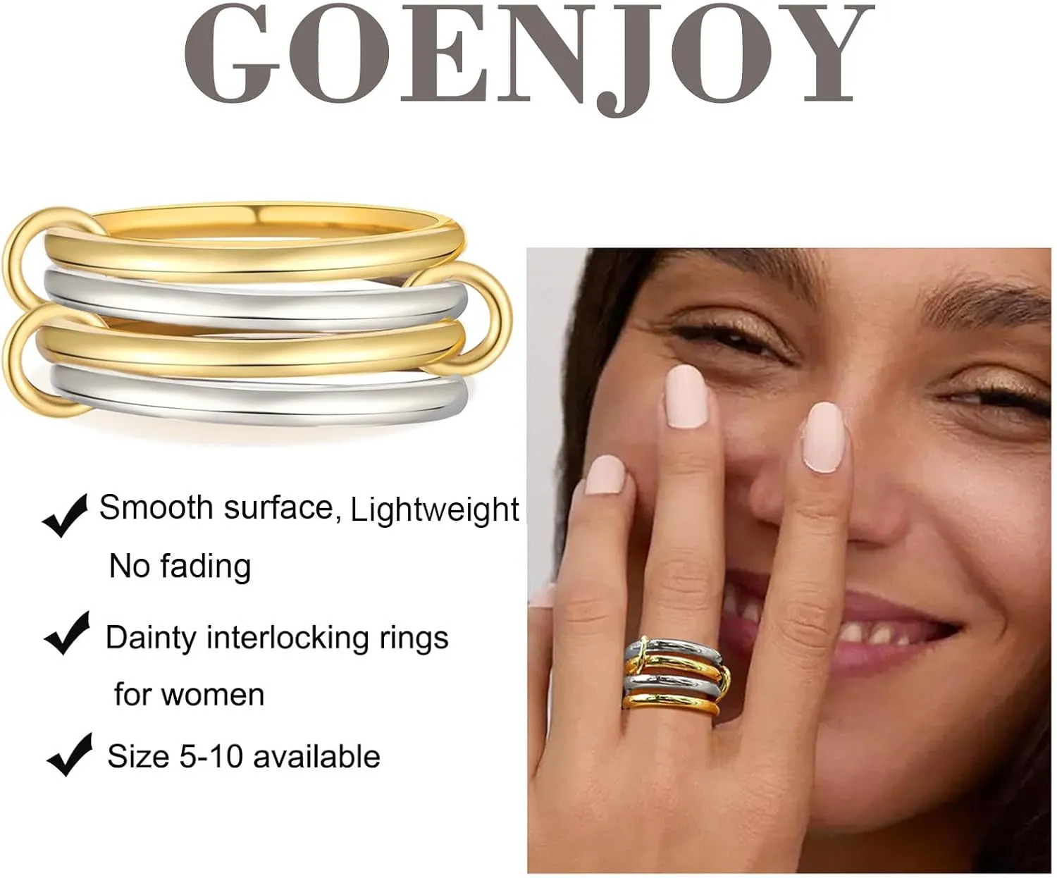 14K Gold Plated Interlocked Stackable Rings for Women, Statement Multi Ring Mixed Metals Stack, Two-Toned interlocking rings Stacking Jewelry