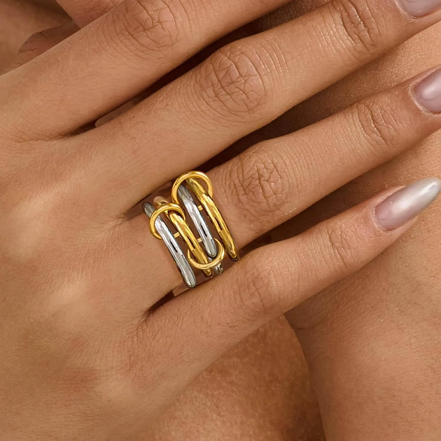 14K Gold Plated Interlocked Stackable Rings for Women, Statement Multi Ring Mixed Metals Stack, Two-Toned interlocking rings Stacking Jewelry