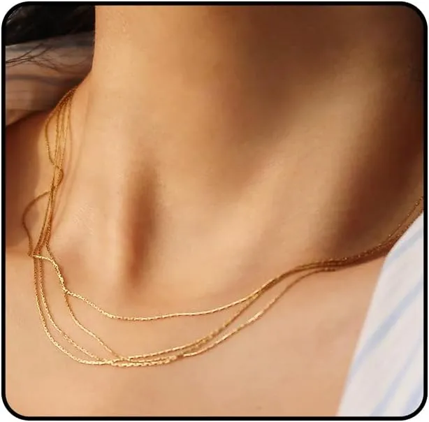 14k Gold Plated Layered Necklace Set for Women Dainty Double Layer Snake Chain Herringbone Satellite Bead Chain Necklace Gold Jewelry (17'' bamboo chain)