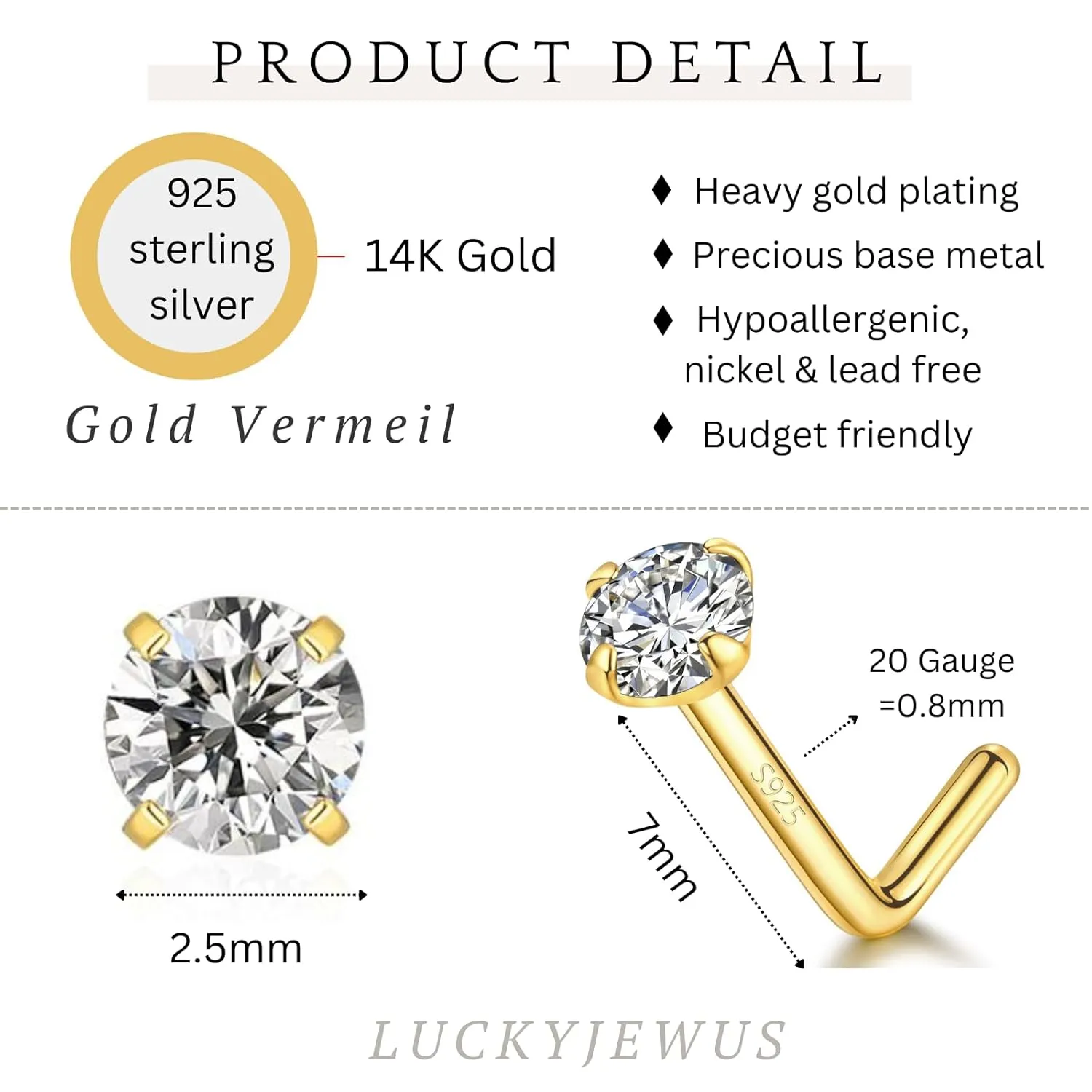 14k Gold Plated Sterling Silver Small L Shaped Nose Rings Studs for Women Men 20g, 20 Gauge Nostril Nose Piercing Jewelry, Hypoallergenic Gold Nose Stud with Tiny CZ Diamond