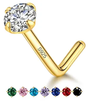 14k Gold Plated Sterling Silver Small L Shaped Nose Rings Studs for Women Men 20g, 20 Gauge Nostril Nose Piercing Jewelry, Hypoallergenic Gold Nose Stud with Tiny CZ Diamond