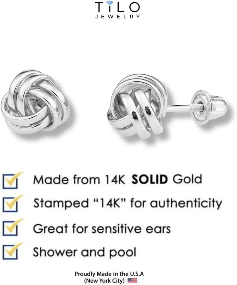 14k Gold Polished Love Knot Stud Earrings with Secure Screw Backs - 7mm