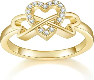 14K Gold/White Gold Plated Rings- Love Heart Infinity Eternity Band- Cubic Zirconia Simulated Diamond Ring For Wedding/Silver Rings, Gold Rings for Women- 2mm Band Size 4-12