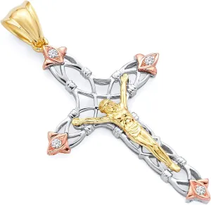 14k REAL Tri Color Gold CZ Religious Crucifix Jesus Cross Charm Pendant