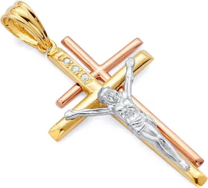 14k REAL Tri Color Gold Religious Crucifix Jesus Cross Charm Pendant