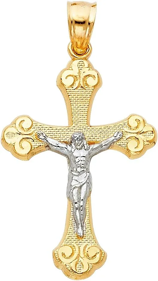 14k REAL Two Tone Gold Religious Crucifix Jesus Cross Charm Pendant