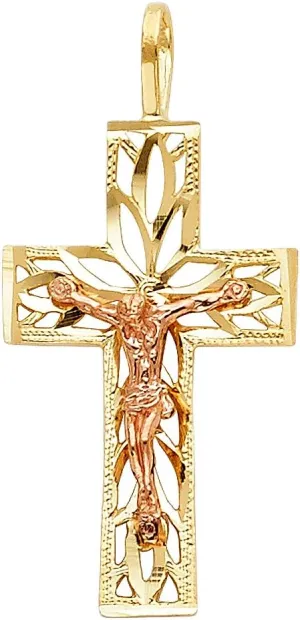 14k REAL Two Tone Gold Religious Crucifix Jesus Cross Charm Pendant