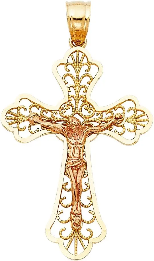 14k REAL Two Tone Gold Religious Crucifix Jesus Cross Charm Pendant
